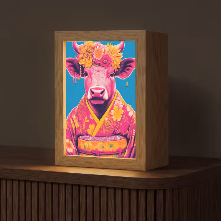 Koe - Bloemenkrans - Oorhangers - Kimono Light Box met kabel (Tafellamp) klein -z3d_website