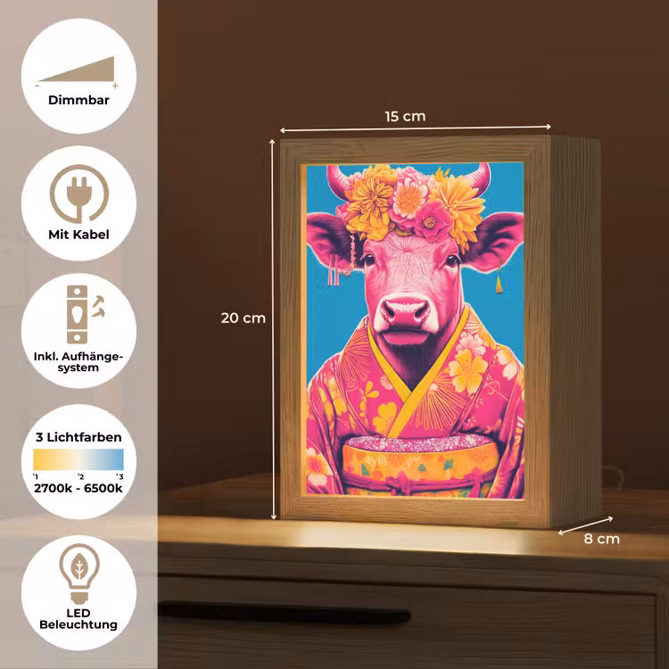 Koe - Bloemenkrans - Oorhangers - Kimono Light Box met kabel (Tafellamp) klein -USP_DE