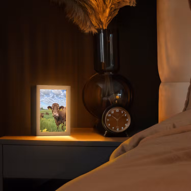 Koe - Weide - Bloemen Light Box met kabel (Tafellamp) klein -sfeer1