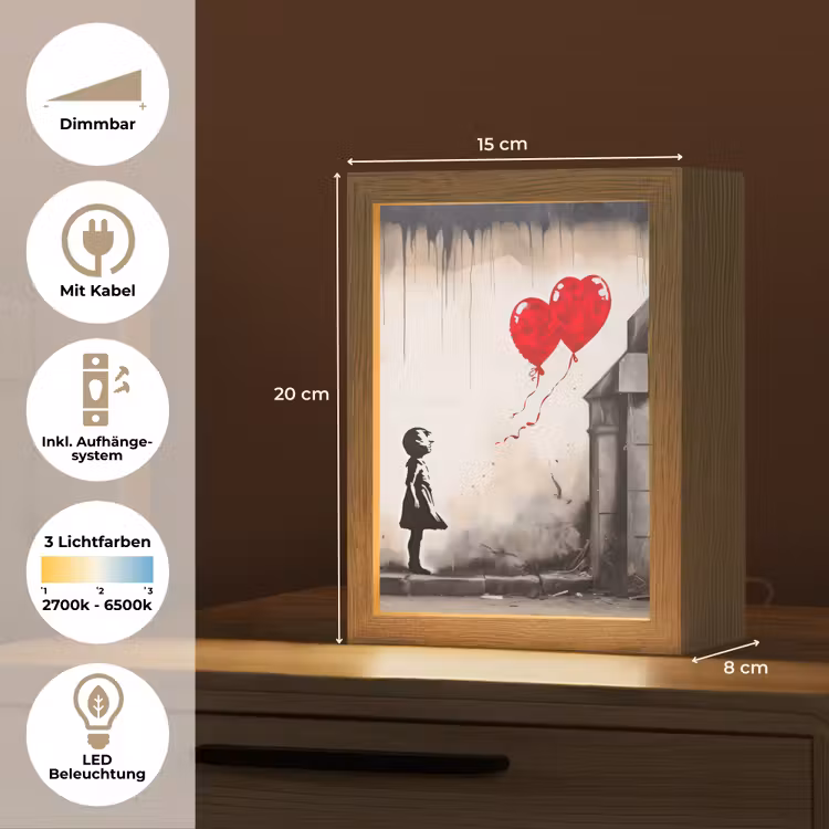 Kunst - Meisje - Ballonnen - Hart - Grijs Light Box met kabel (Tafellamp) klein -USP_DE