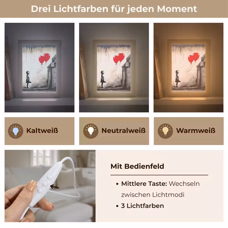 Kunst - Meisje - Ballonnen - Hart - Grijs Light Box met kabel (Tafellamp) klein -USP_lichtkleurDE