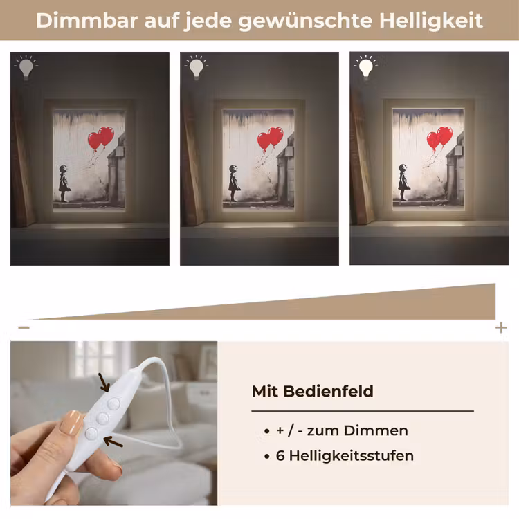 Kunst - Meisje - Ballonnen - Hart - Grijs Light Box met kabel (Tafellamp) klein -USP_dimbaarDE