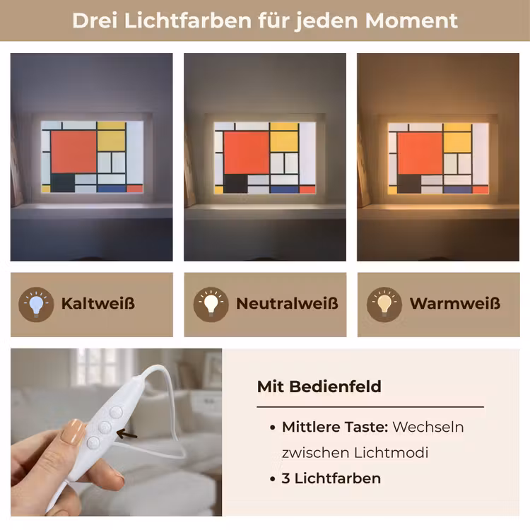 Kunst - Mondriaan - Oude meesters - Compositie 2 Light Box met kabel (Tafellamp) klein -USP_lichtkleurDE