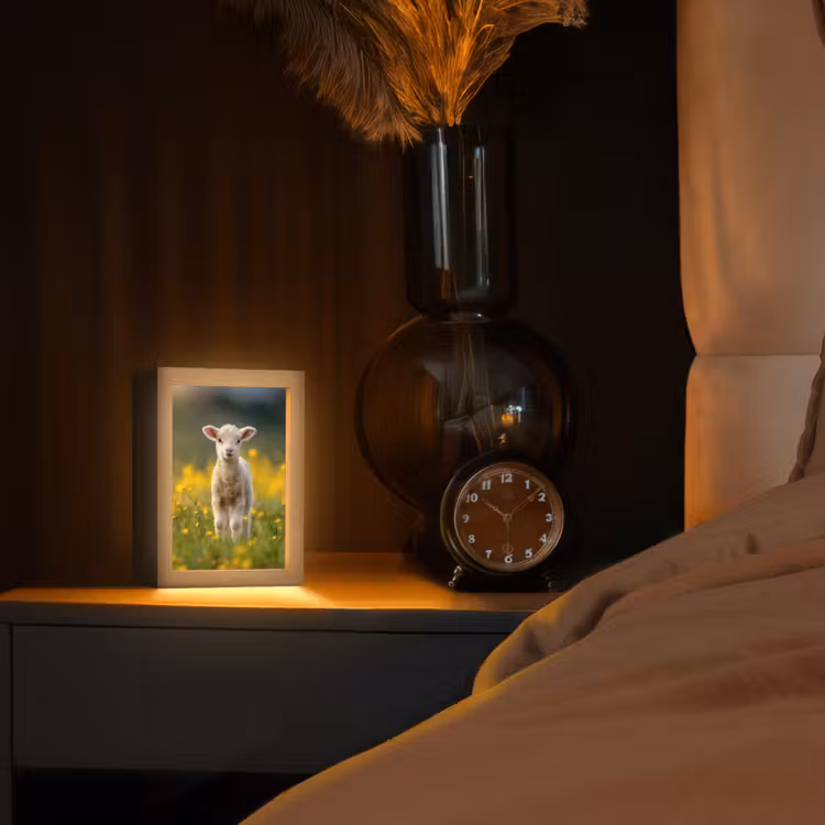 Lammetje - Gras - Bloemen - Geel Light Box met kabel (Tafellamp) klein -sfeer1
