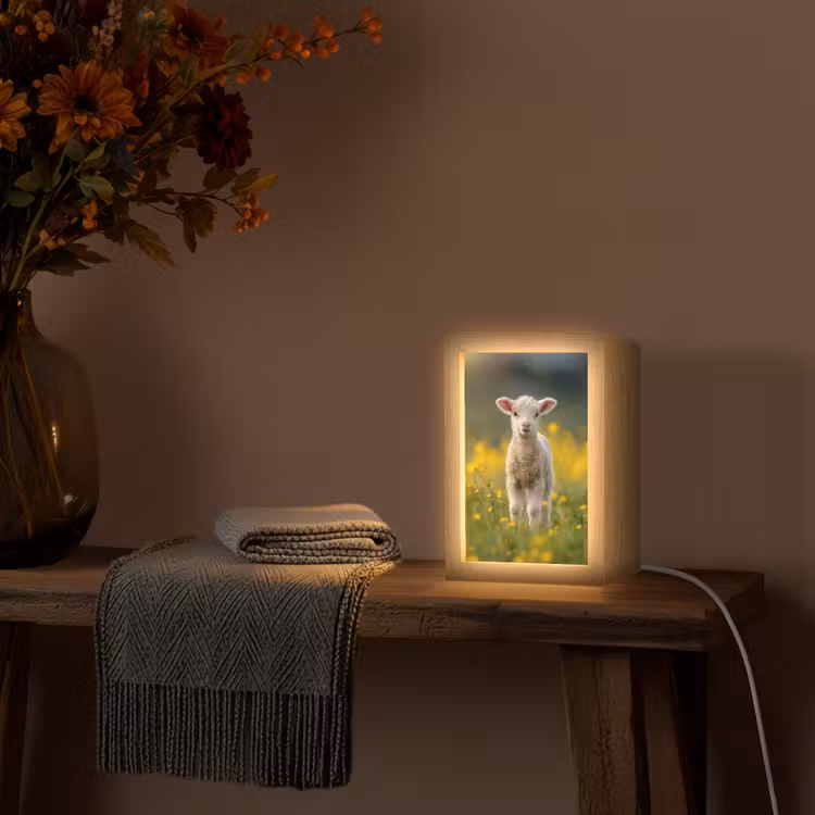 Lammetje - Gras - Bloemen - Geel Light Box met kabel (Tafellamp) klein -sfeer4