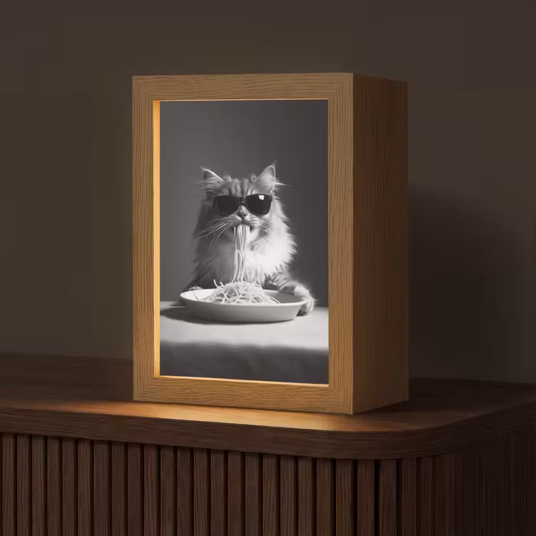 Langharige kat - Zonnebril - Spaghetti - Humor - Zwart - wit Light Box met kabel (Tafellamp) klein -z3d_website