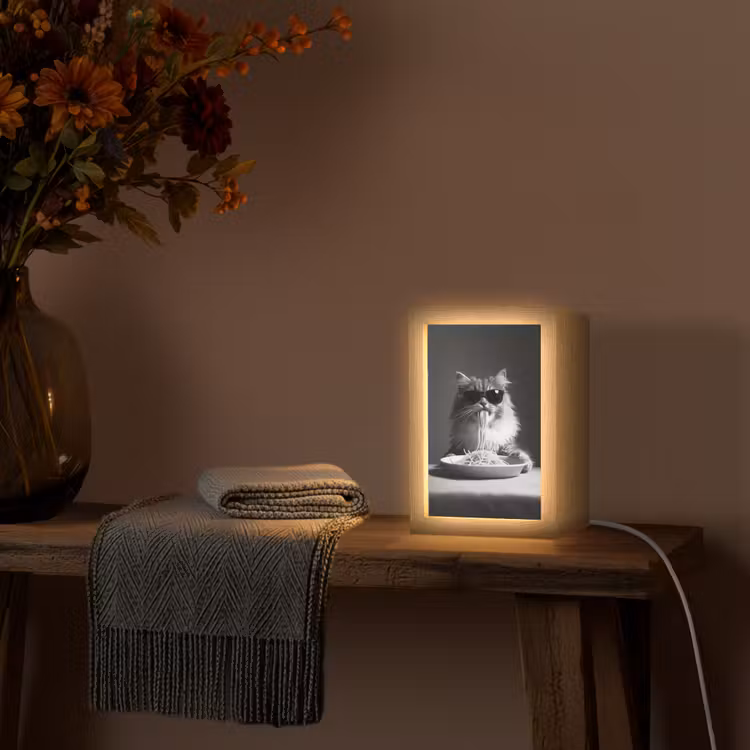 Langharige kat - Zonnebril - Spaghetti - Humor - Zwart - wit Light Box met kabel (Tafellamp) klein -sfeer4