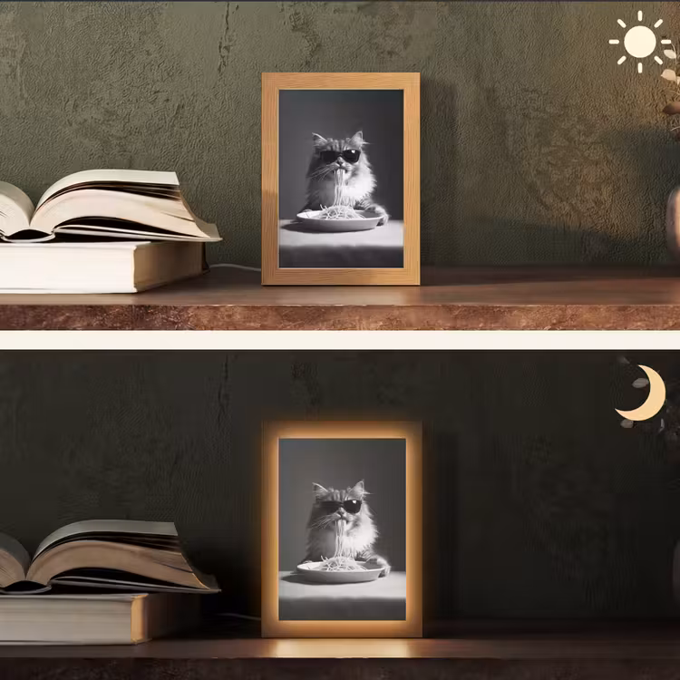 Langharige kat - Zonnebril - Spaghetti - Humor - Zwart - wit Light Box met kabel (Tafellamp) klein -sfeer3