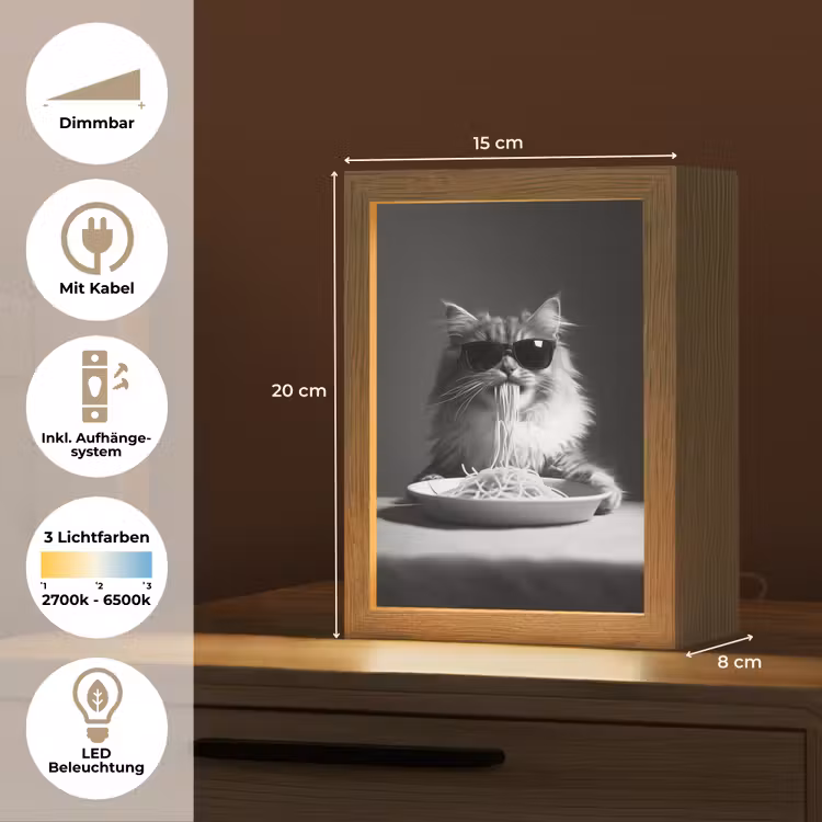 Langharige kat - Zonnebril - Spaghetti - Humor - Zwart - wit Light Box met kabel (Tafellamp) klein -USP_DE