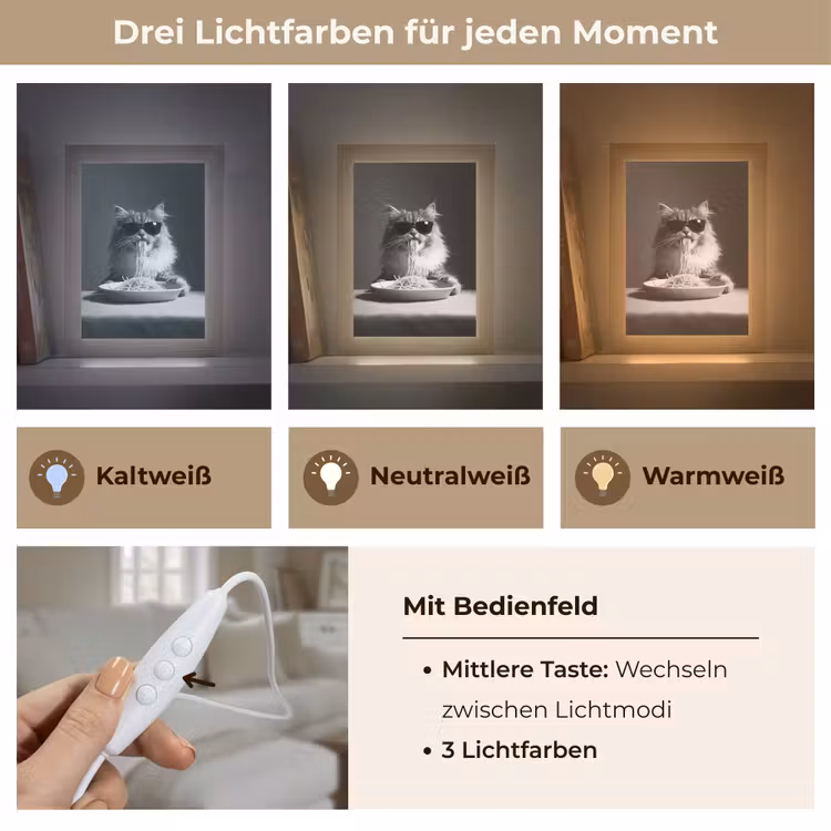 Langharige kat - Zonnebril - Spaghetti - Humor - Zwart - wit Light Box met kabel (Tafellamp) klein -USP_lichtkleurDE
