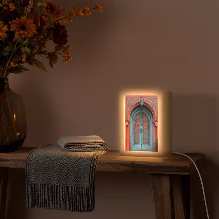 Lantaarn - Deur - Turquoise Light Box met kabel (Tafellamp) klein -sfeer4