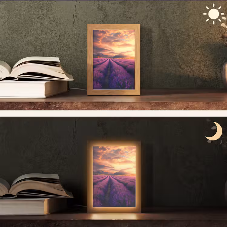 Lavendelveld - Zonsondergang - Paars Light Box met kabel (Tafellamp) klein -sfeer3