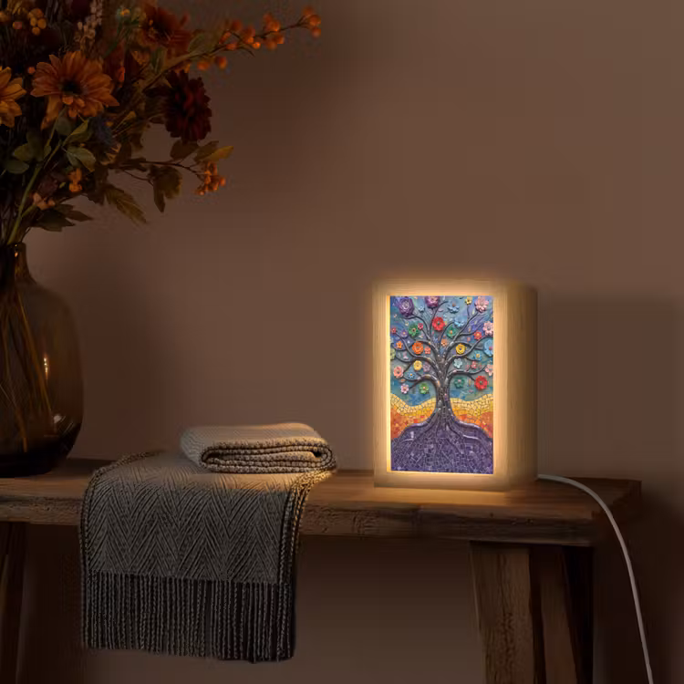 Levensboom - Mozaïek - Bloemen - Kleurrijk - Vrolijk Light Box met kabel (Tafellamp) klein -sfeer4