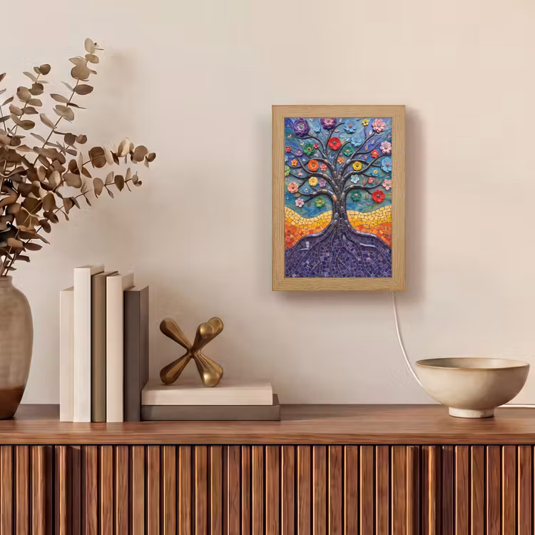 Levensboom - Mozaïek - Bloemen - Kleurrijk - Vrolijk Light Box met kabel (Tafellamp) klein -sfeer2