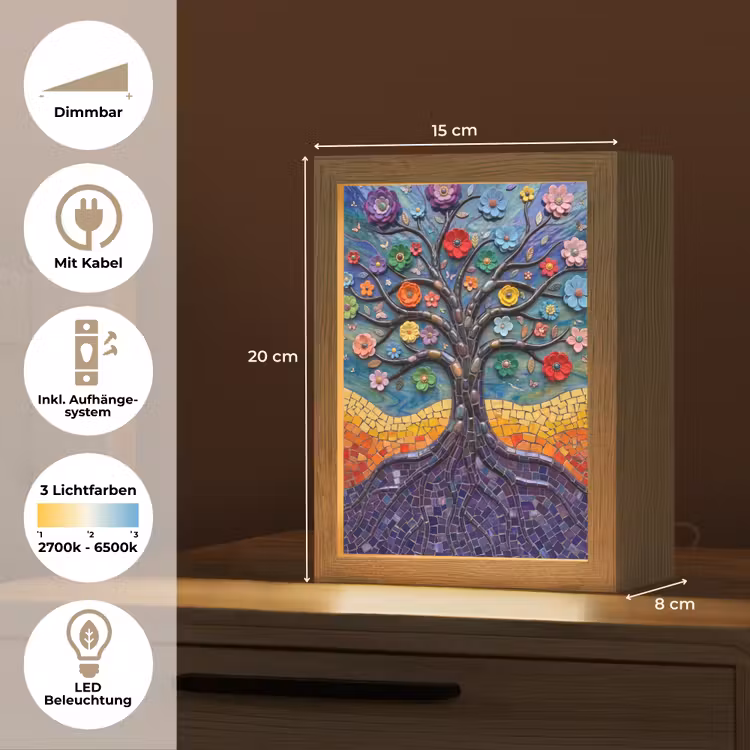 Levensboom - Mozaïek - Bloemen - Kleurrijk - Vrolijk Light Box met kabel (Tafellamp) klein -USP_DE