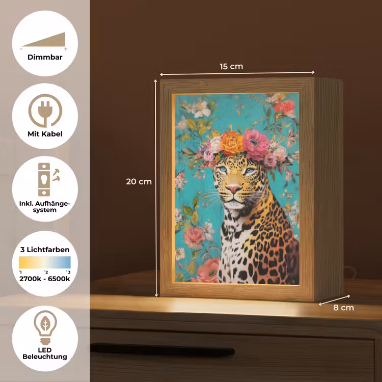 Luipaard - Bloemen - Kroon Light Box met kabel (Tafellamp) klein -USP_DE