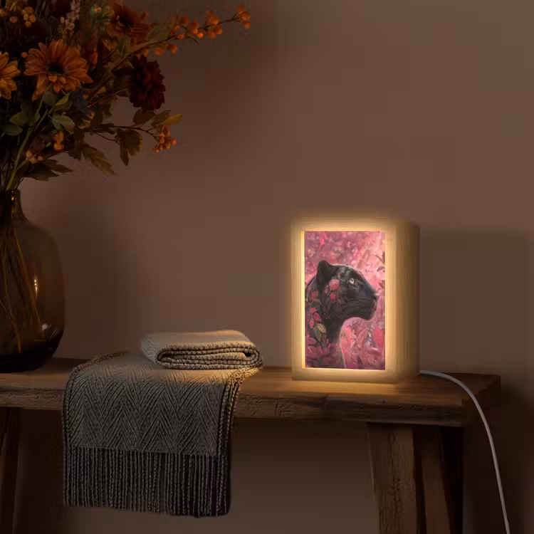 Luipaard - Bloemen - Roze Light Box met kabel (Tafellamp) klein -sfeer4