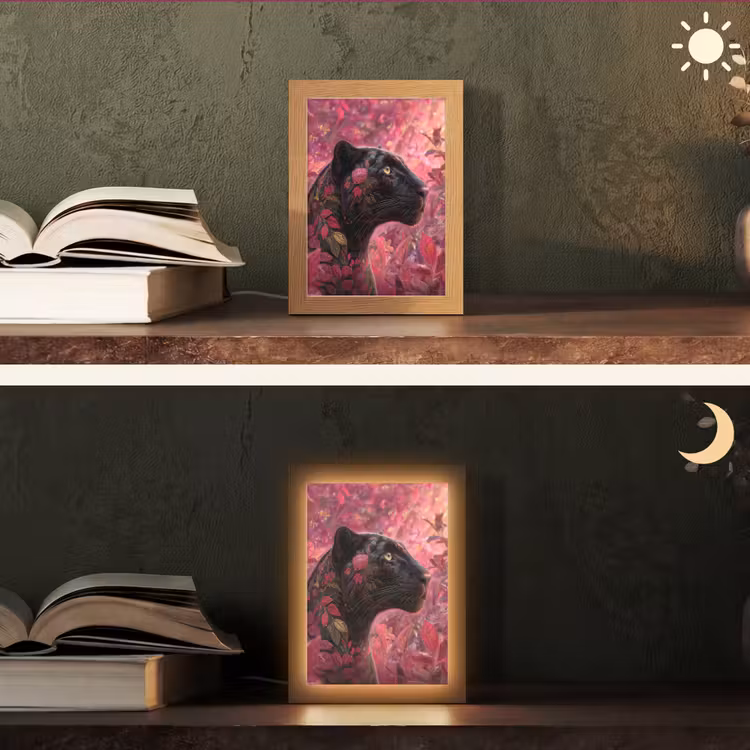 Luipaard - Bloemen - Roze Light Box met kabel (Tafellamp) klein -sfeer3