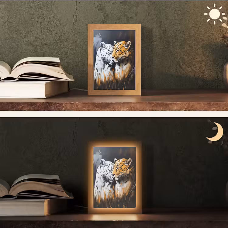 Luipaard - Oranje - Wit - Gras Light Box met kabel (Tafellamp) klein -sfeer3