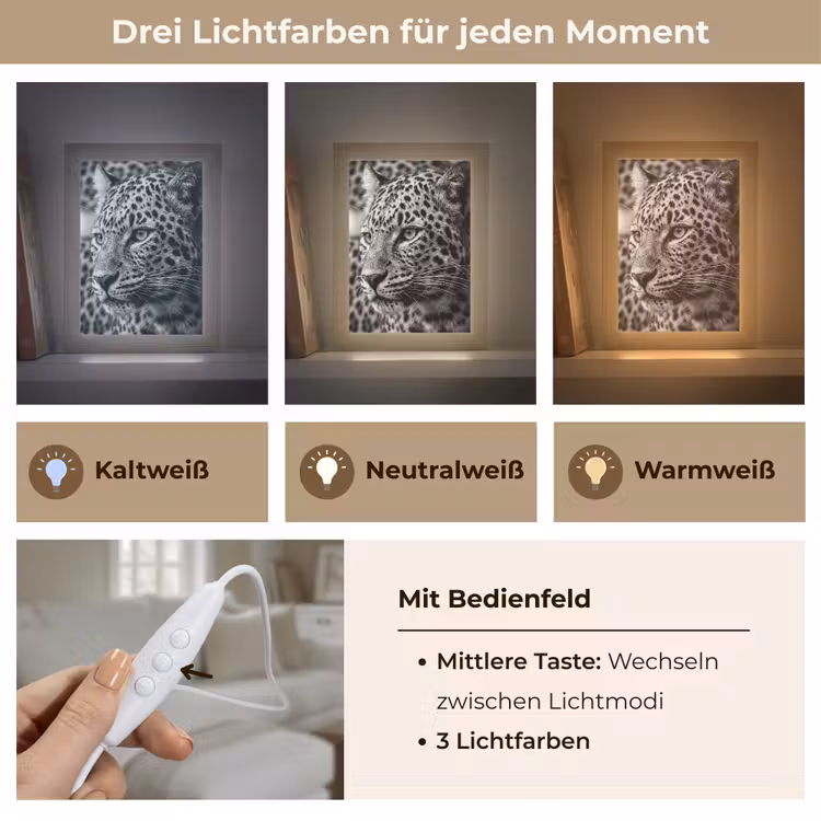 Luipaard - Zwart - Wit - Oog Light Box met kabel (Tafellamp) klein -USP_lichtkleurDE