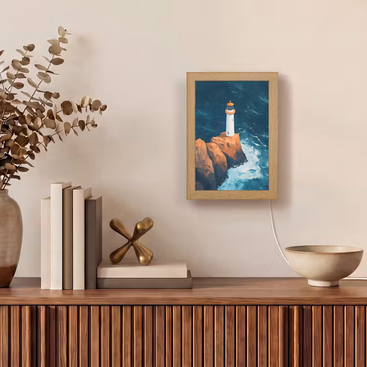 Vuurtoren - Rots - Zee - Golven Light Box met kabel (Tafellamp) klein -sfeer2