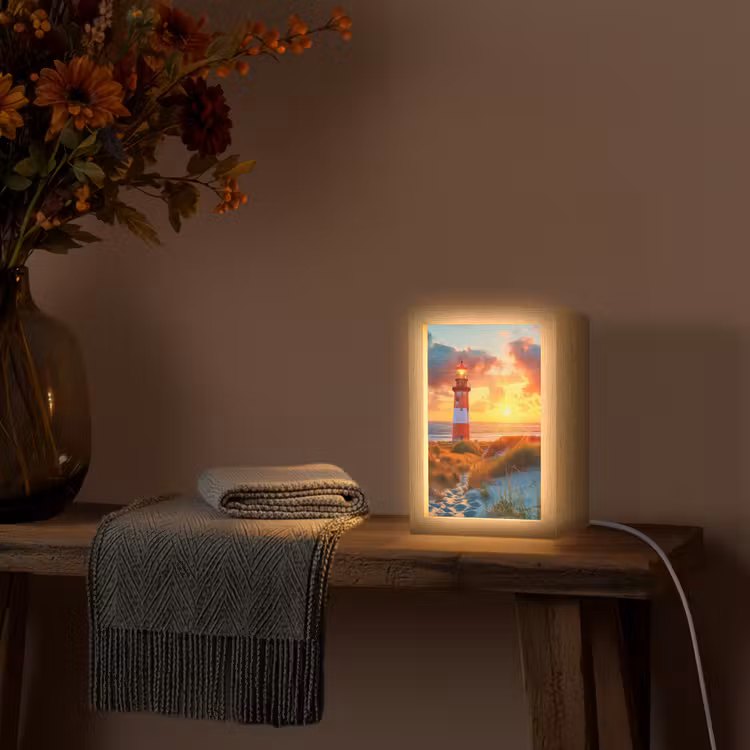 Vuurtoren - Zonsondergang - Duinen - Horizon Light Box met kabel (Tafellamp) klein -sfeer4