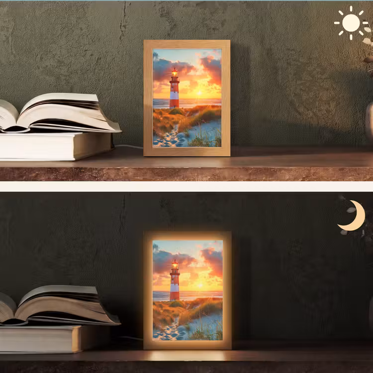 Vuurtoren - Zonsondergang - Duinen - Horizon Light Box met kabel (Tafellamp) klein -sfeer3