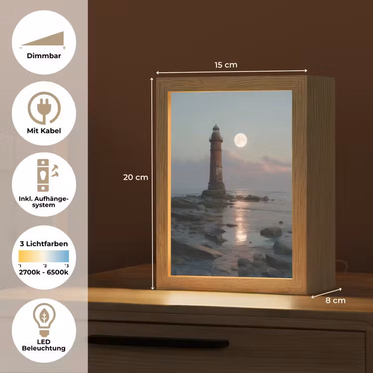 Vuurtoren - Stenen - Water - Maan Light Box met kabel (Tafellamp) klein -USP_DE