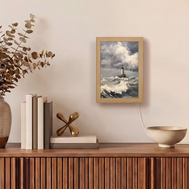 Vuurtoren - Golven - Storm Light Box met kabel (Tafellamp) klein -sfeer2