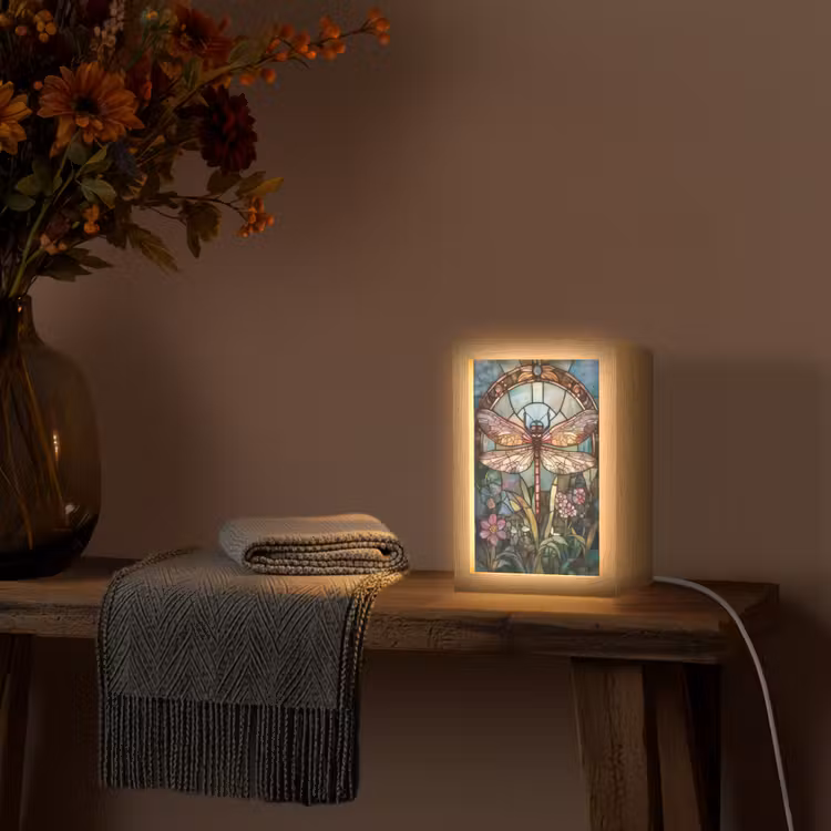 Libelle - Mozaïek - Bloemen - Kleurrijk Light Box met kabel (Tafellamp) klein -sfeer4