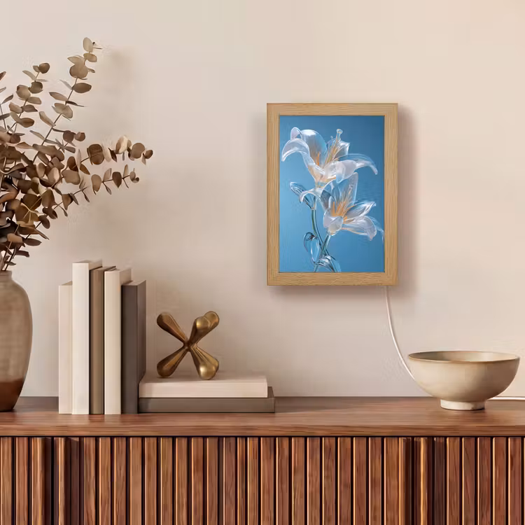 Lelies - Blauw - Glazen Light Box met kabel (Tafellamp) klein -sfeer2