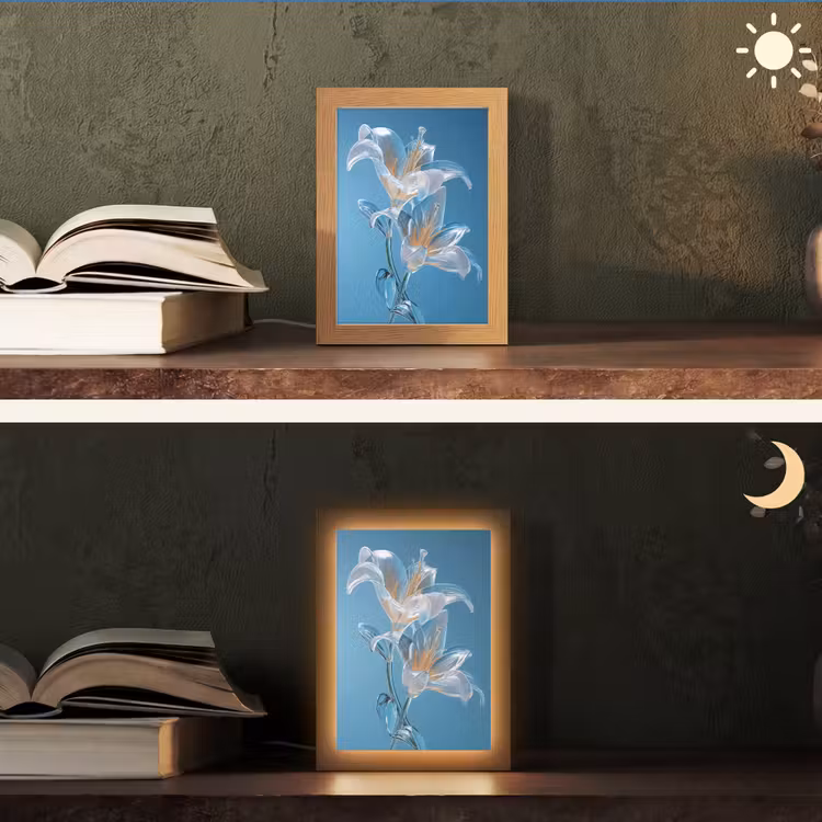 Lelies - Blauw - Glazen Light Box met kabel (Tafellamp) klein -sfeer3