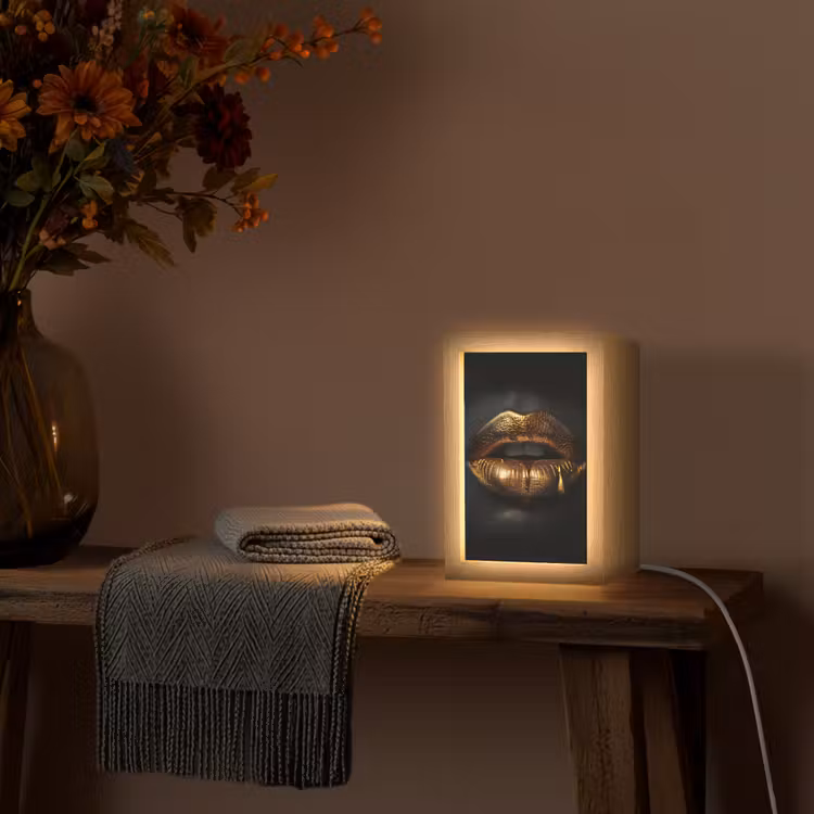 Lippen - Goud - Abstract - Zwart - Aesthetic Light Box met kabel (Tafellamp) klein -sfeer4