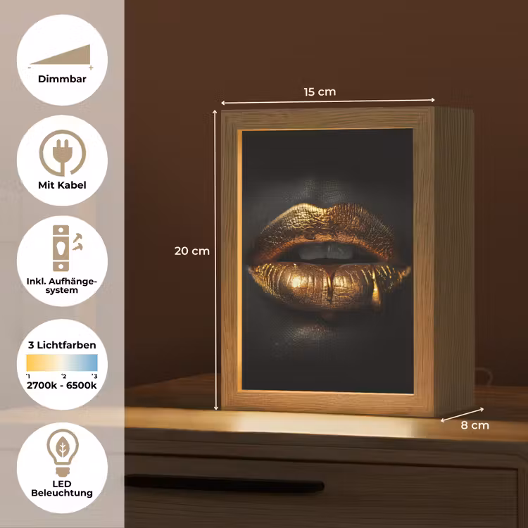 Lippen - Goud - Abstract - Zwart - Aesthetic Light Box met kabel (Tafellamp) klein -USP_DE