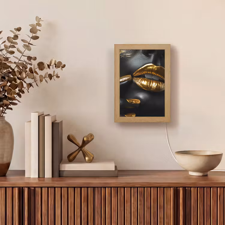 Lippen - Goud - Abstract - Zwart - Vrouw Light Box met kabel (Tafellamp) klein -sfeer2