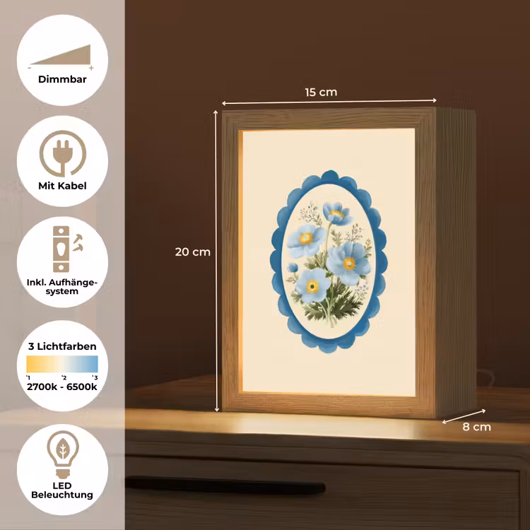 Lijst - Bloemen - Lichtblauw - Illustratie Light Box met kabel (Tafellamp) klein -USP_DE