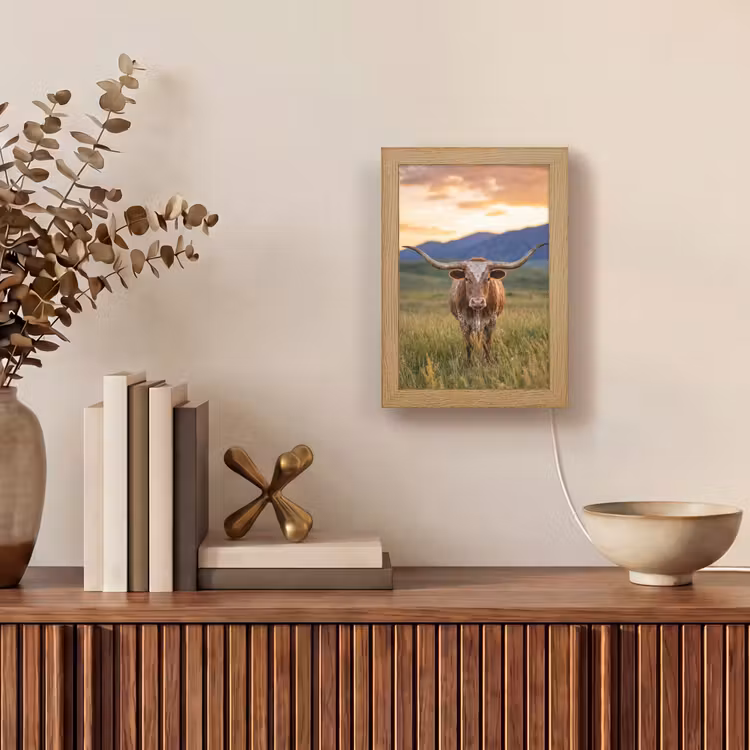 Longhorn - Landschap - Zonsondergang Light Box met kabel (Tafellamp) klein -sfeer2