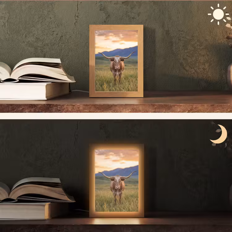 Longhorn - Landschap - Zonsondergang Light Box met kabel (Tafellamp) klein -sfeer3