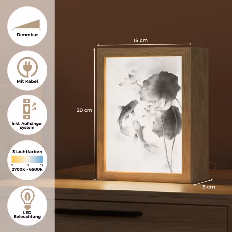 Lotusbloemen - Vissen - Bladeren - Zwart Light Box met kabel (Tafellamp) klein -USP_DE