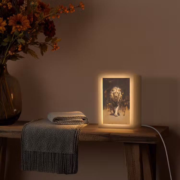 Leeuw - Geschilderd - Abstract - Goud Light Box met kabel (Tafellamp) klein -sfeer4