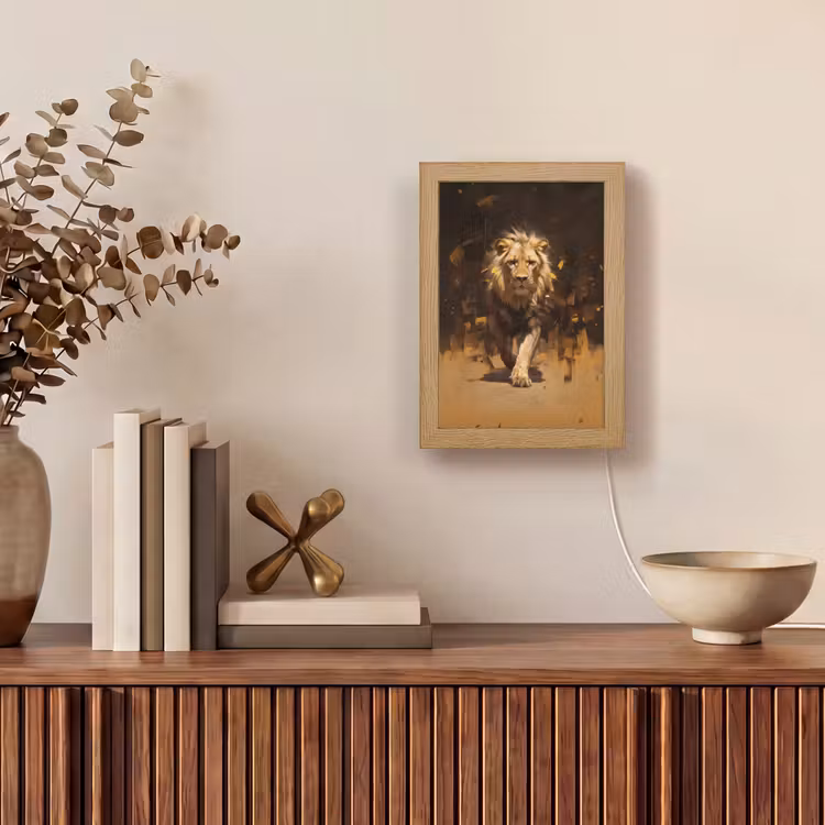 Leeuw - Geschilderd - Abstract - Goud Light Box met kabel (Tafellamp) klein -sfeer2