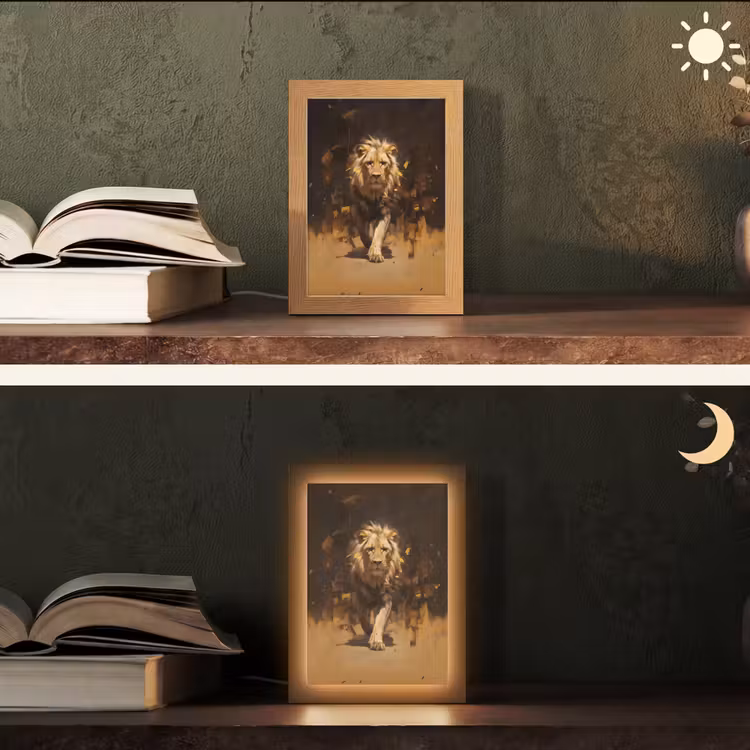 Leeuw - Geschilderd - Abstract - Goud Light Box met kabel (Tafellamp) klein -sfeer3