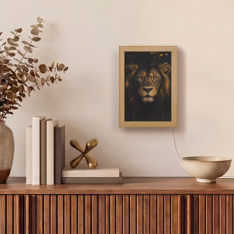 Leeuw - Goud - Druppels Light Box met kabel (Tafellamp) klein -sfeer2