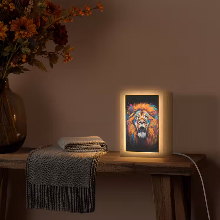 Leeuw - Graffiti - Dieren - Zwart Light Box met kabel (Tafellamp) klein -sfeer4
