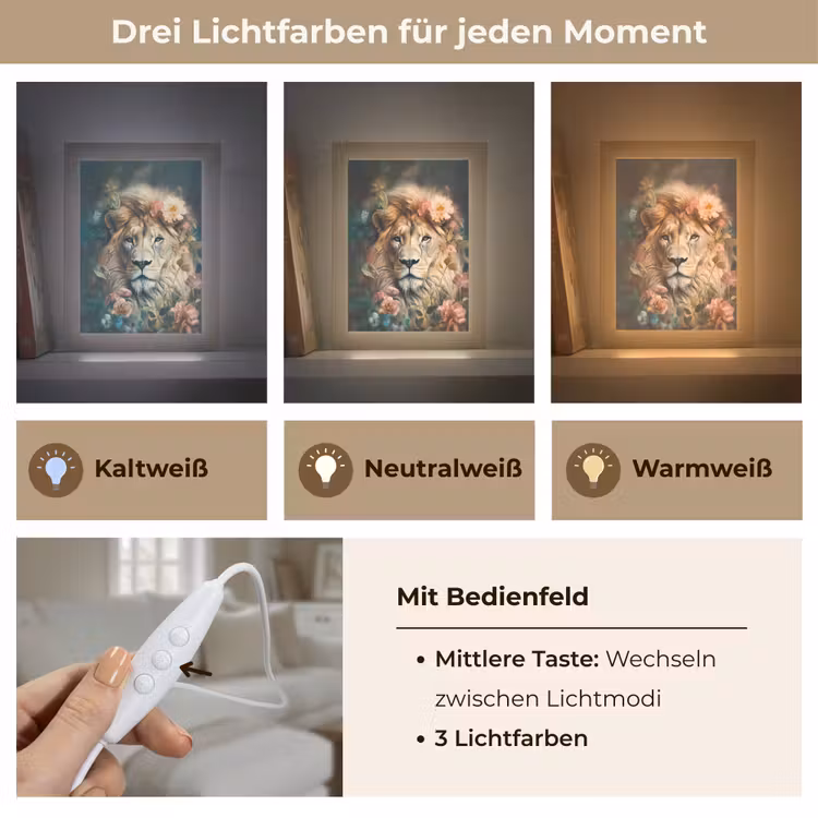 Leeuw - Leeuwenkop - Wilde dieren - Bloemen Light Box met kabel (Tafellamp) klein -USP_lichtkleurDE