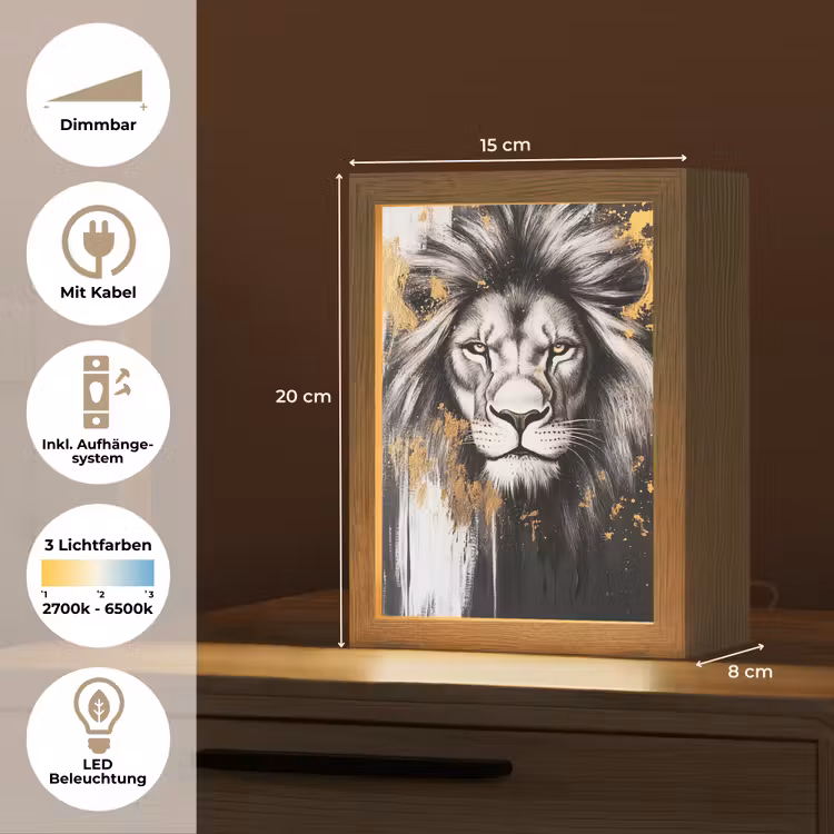 Leeuw - Portret - Verfspatten - Grijs Light Box met kabel (Tafellamp) klein -USP_DE