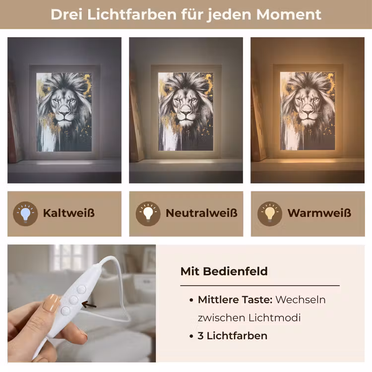 Leeuw - Portret - Verfspatten - Grijs Light Box met kabel (Tafellamp) klein -USP_lichtkleurDE