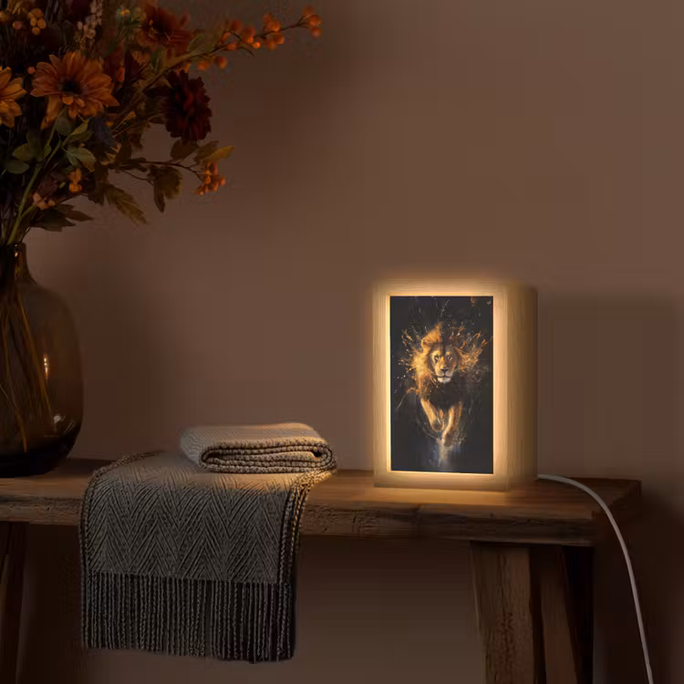 Leeuw - Zwart - Oranje - Verf Light Box met kabel (Tafellamp) klein -sfeer4