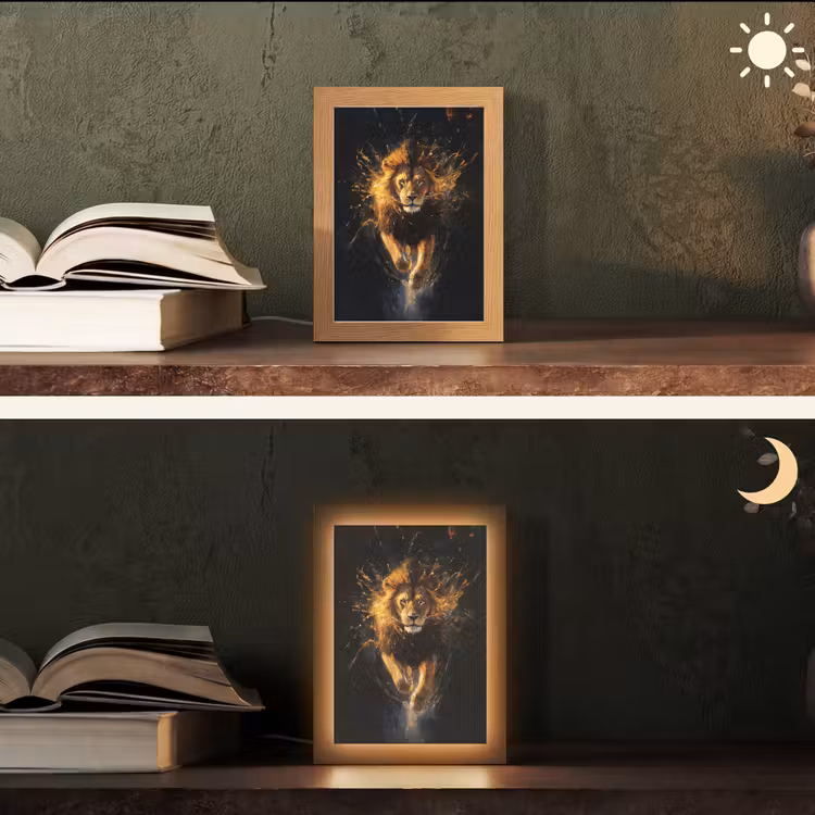 Leeuw - Zwart - Oranje - Verf Light Box met kabel (Tafellamp) klein -sfeer3