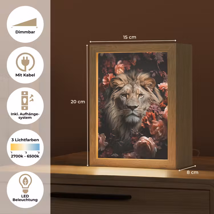Leeuw - Dier - Natuur - Botanisch - Bloemen - Roze Light Box met kabel (Tafellamp) klein -USP_DE